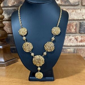 Vintage Gold tone Filagree and Wire Design Statement Necklace